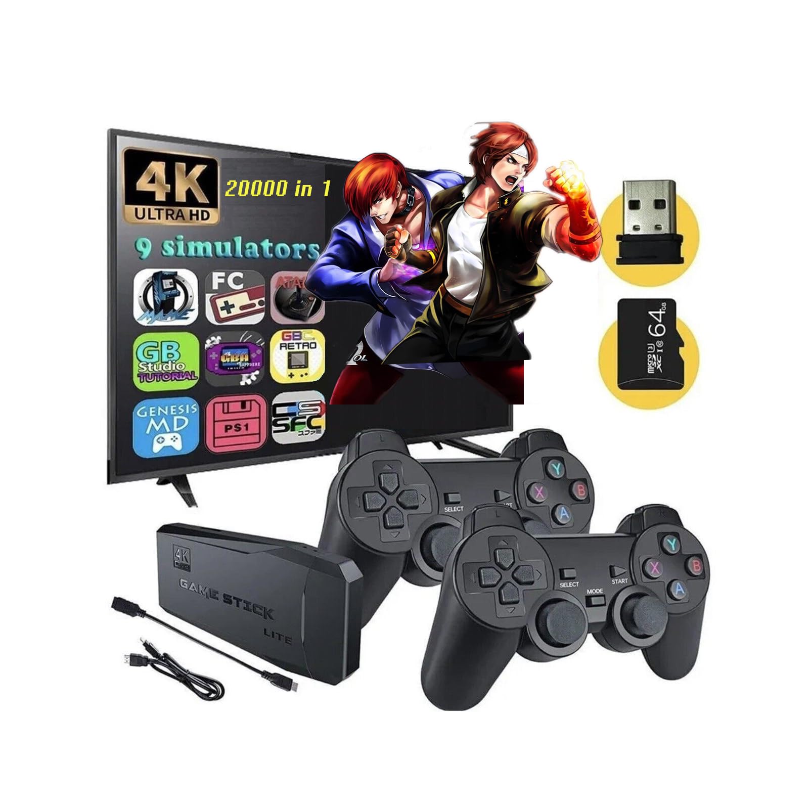 Wireless Retro Gaming Console(64G), Plug & Play Video TV Game Stick with Built-in 9 Emulators, 20,000+ Video Games,4K HDMI Output, Revisit Classic Games with Dual 2.4G Wireless Controllers
