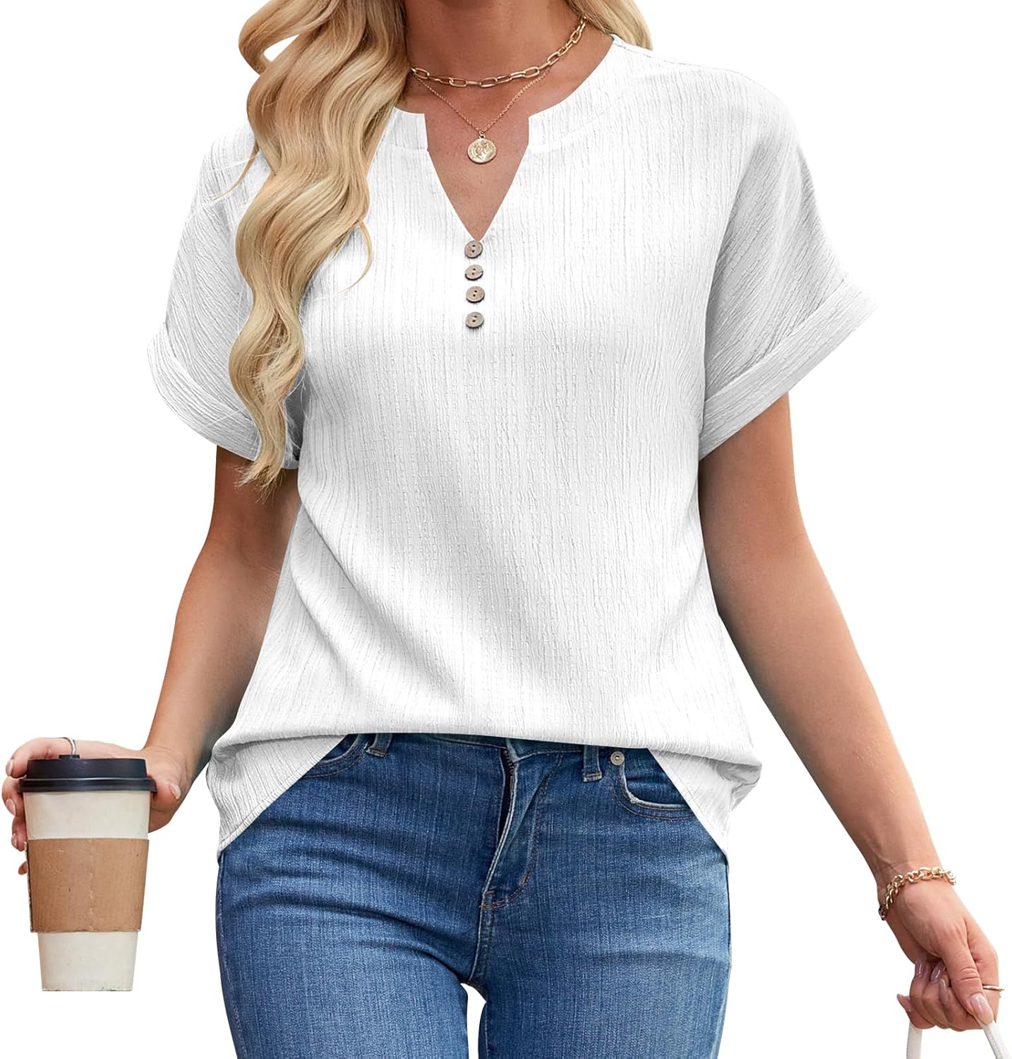 Womens Summer Tops Trendy 2025 Short Sleeve Shirts V Neck Blouse Textured Beach Vacation Clothes - Image 4