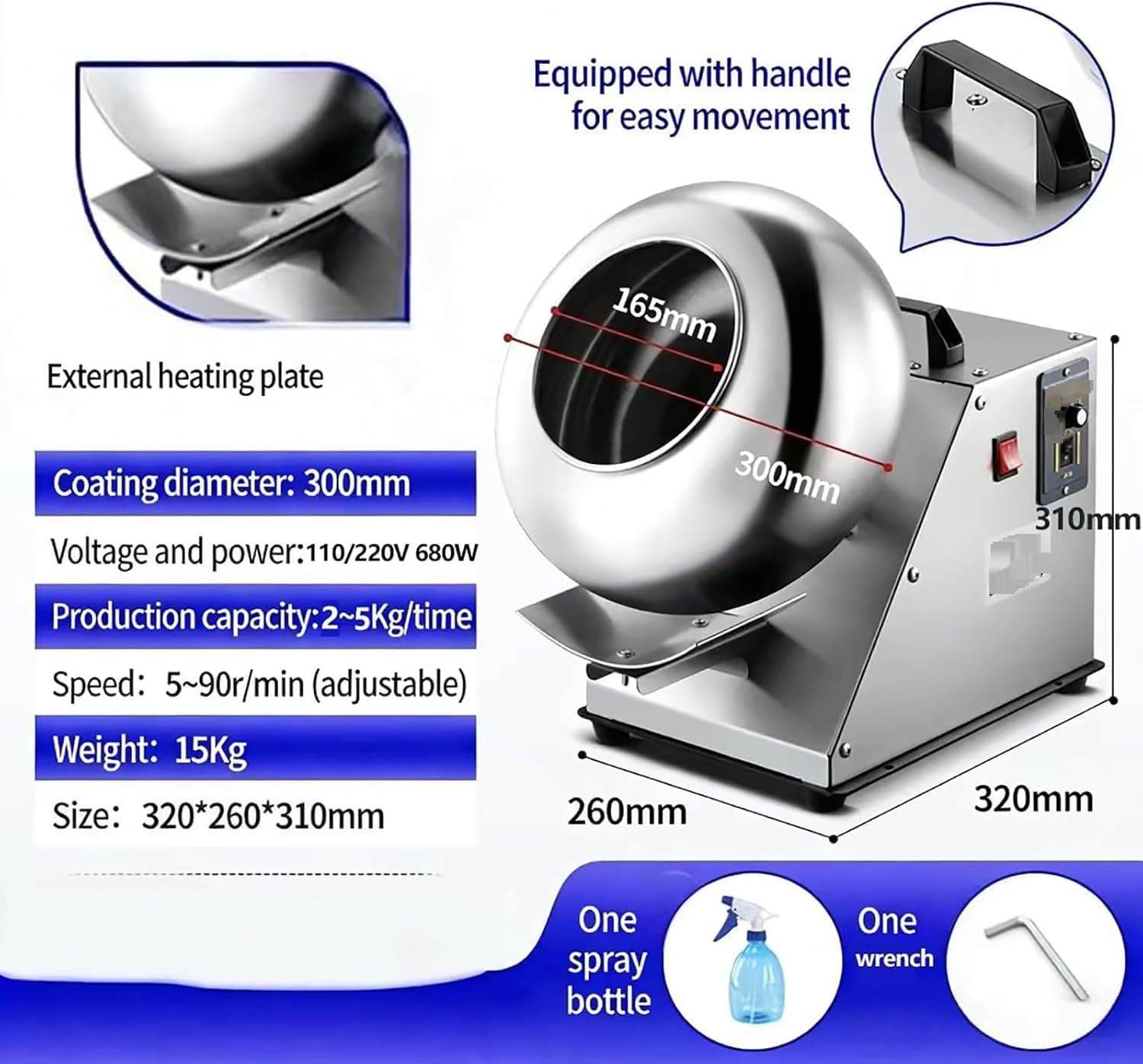 Controsoffitto Macchina di rivestimento al cioccolato 680W Panning di zucchero elettrico per noci caramelle di lucidatura automatica Riscaldamento piccolo apparecchio da cucina commerciale 2-5kg capac