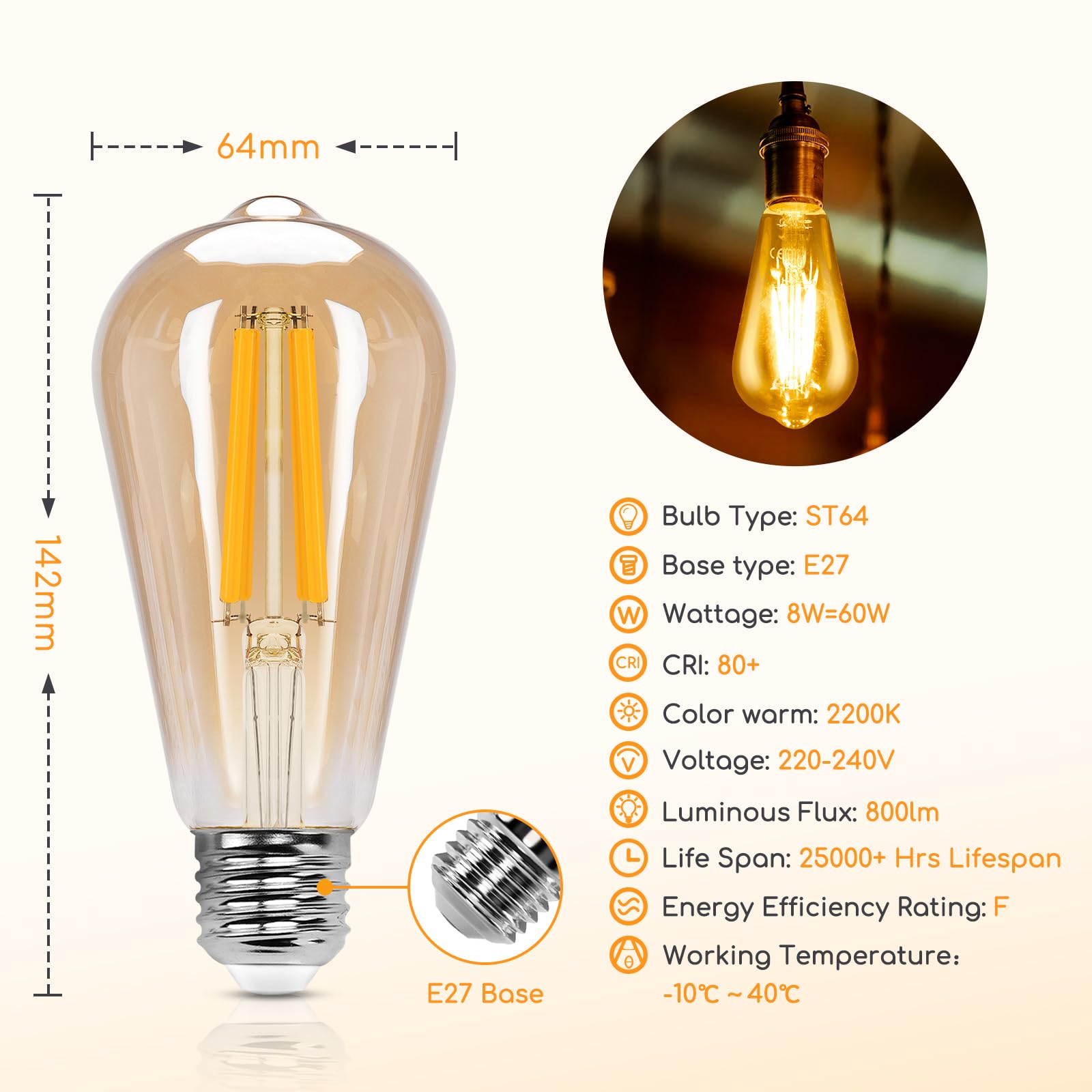 Aigostar ST64 Bombilla Edison Estilo Vintage. Bombilla Led E27 (Casquillo Gordo, 8W (Equivalente A 60W), Bombilla De Filamento Blanco Cálido (2200K). Ángulo De Haz 360º. No Regulable. Pack 4 Uds