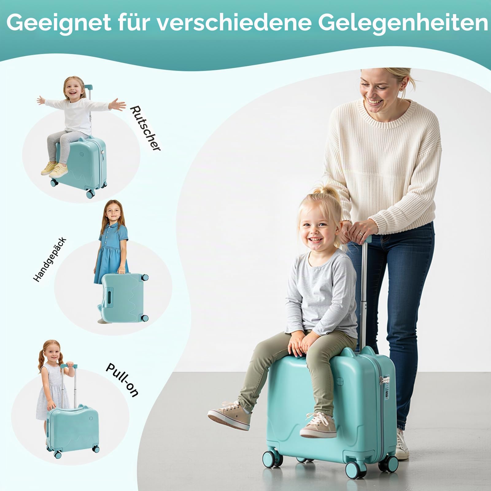 18 Zoll Kinderkoffer zum Draufsitzen, Kindertrolley Kindertrolley Kinder Reisekoffer mit Zugstange und Passwortschloss Rollkoffer Kinder Koffer für 3-6 Jahre Mädchen & Jungen 37L (Himmelblau)