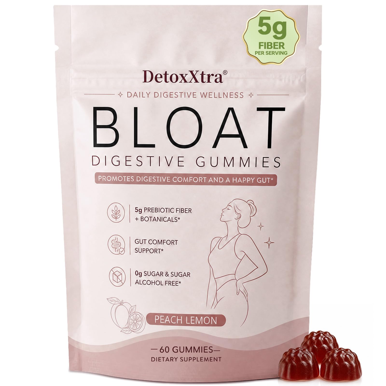 Bloat Gummies -Digestive Comfort & Gut Health Support-Prebiotic Fiber & Postbiotic Debloat Gummies, Fiber Supplement with 5g Fiber & Sugar-Free for Women and Men - 60 Count