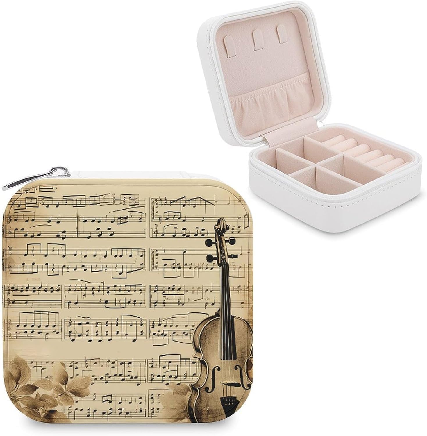 Music Notes on Old Paper Travel Jewelry Case Zipper Portable Small Jewelry Box Custom Pu Leather Mini Traveling Jewelry Organizer for Rings Earrings Necklace Bracelet Girls Women