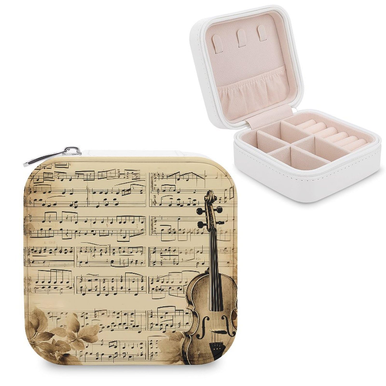 VstaDank Music Notes on Old Paper Travel Jewelry Case Zipper Portable Small Jewelry Box Custom Pu Leather Mini Traveling Jewelry Organizer for Rings Earrings Necklace Bracelet Girls Women