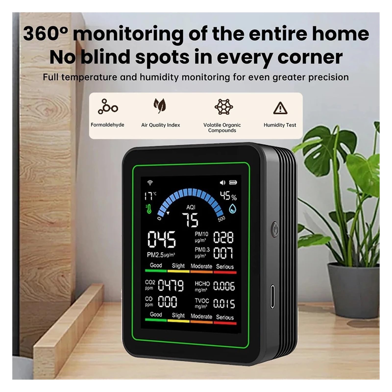 Monitor de calidad del aire, Monitor De Dióxido Carbono 10 En 1 WiFi PM0.3,0 2,5 Detector Formaldehído Temperatura Humedad CO2 Calidad Del Aire(Black)