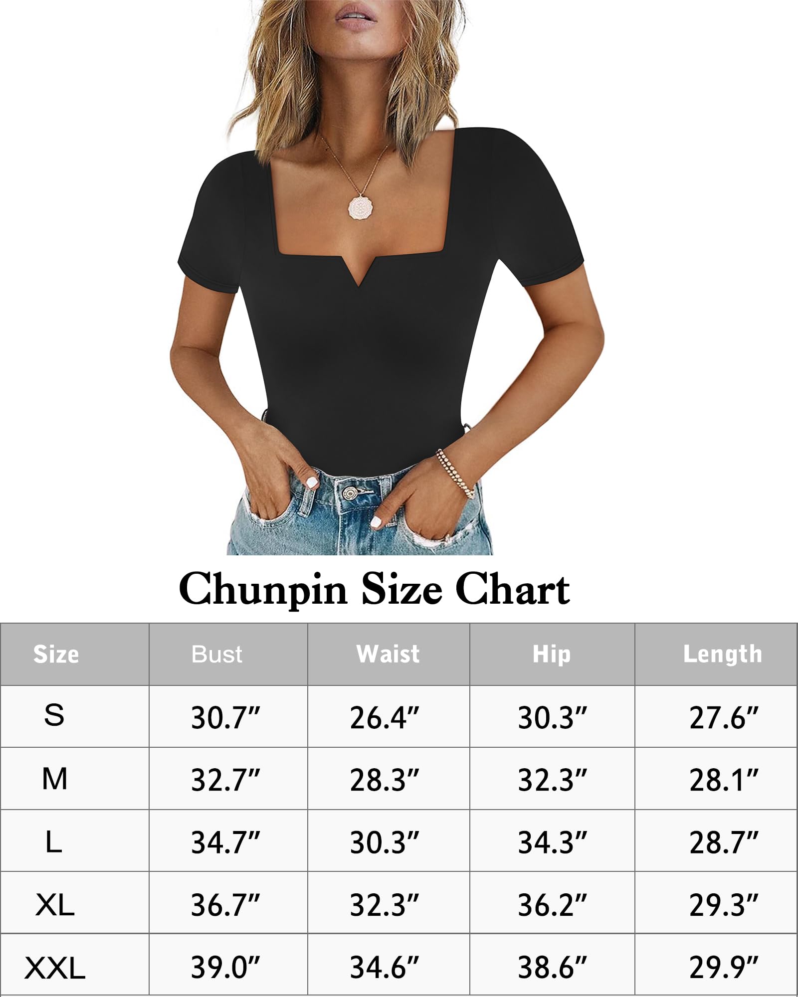 Chunpin Body de manga larga con cuello en V y cuello cuadrado para mujer, Manga corta verde esmeralda, XXL