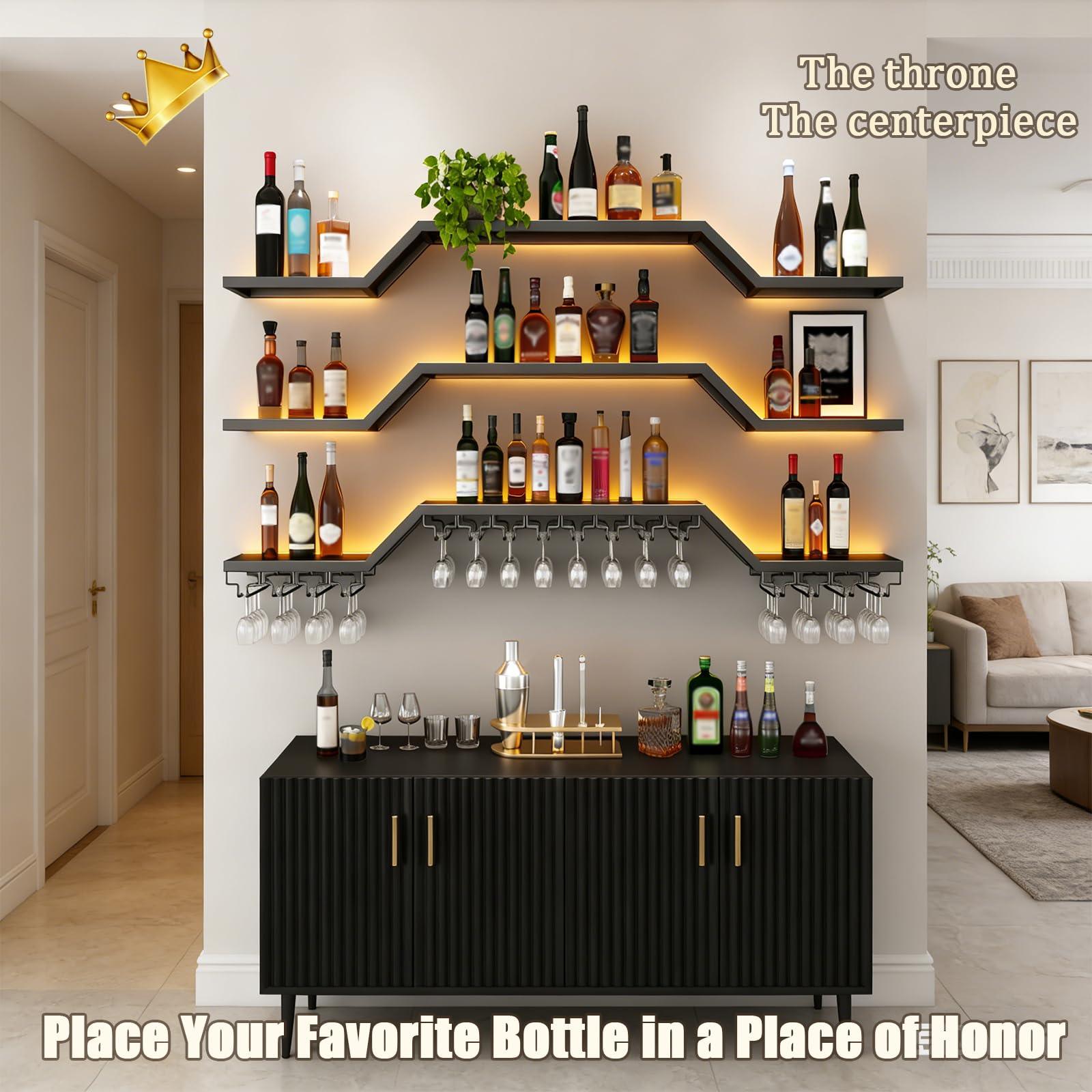 3 Livelli Portabottiglie Da Parete in stile Led industriale (nero, 160cm) | moderno porta vino in metallo con portabicchieri, espositore per bottiglie di vino in metallo, per cucina, bar, caffetteria