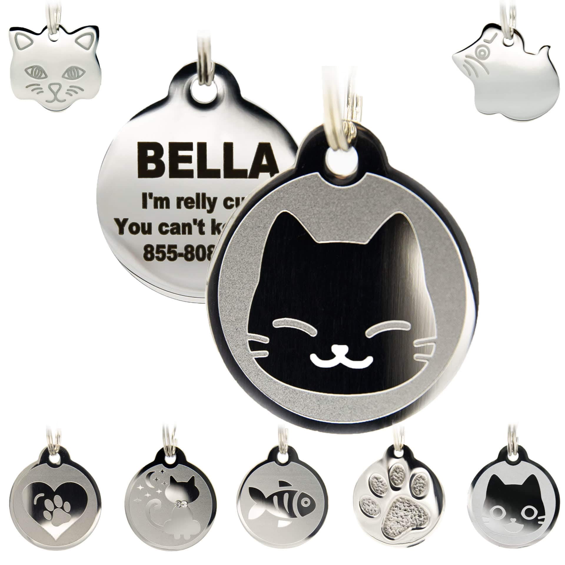 Stainless Steel Cat ID Tags - Engraved Personalized Cat Tags Includes up to 4 Lines of Text with Kitty Face Shape