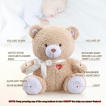BEREST Newborns Musical Baby Sleep Soother, Mom's Heartbeat White Noise Machine, Bear Sleeping Aid with Cry Sensor|Night Light & 9 Sounds Therapy|Womb Sound Stuffed Toy for Toddler Crib|Deep Brown