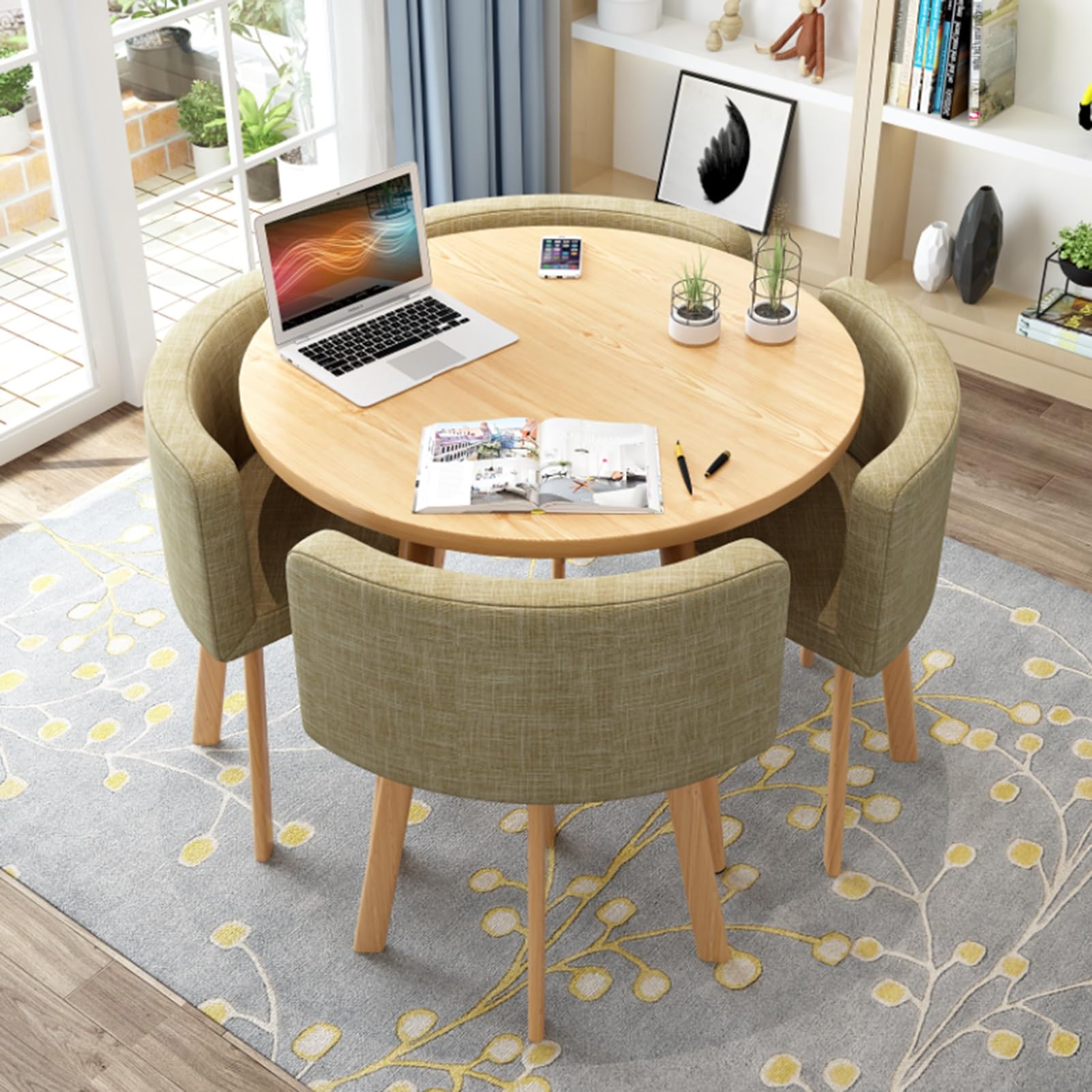 Set di tavolo rotondo da reception color cachi scuro, piccolo tavolo da colazione da bar e tavolino da caffè con sedie, design semplice per ufficio e sale conferenze, tessuto di cotone e lino