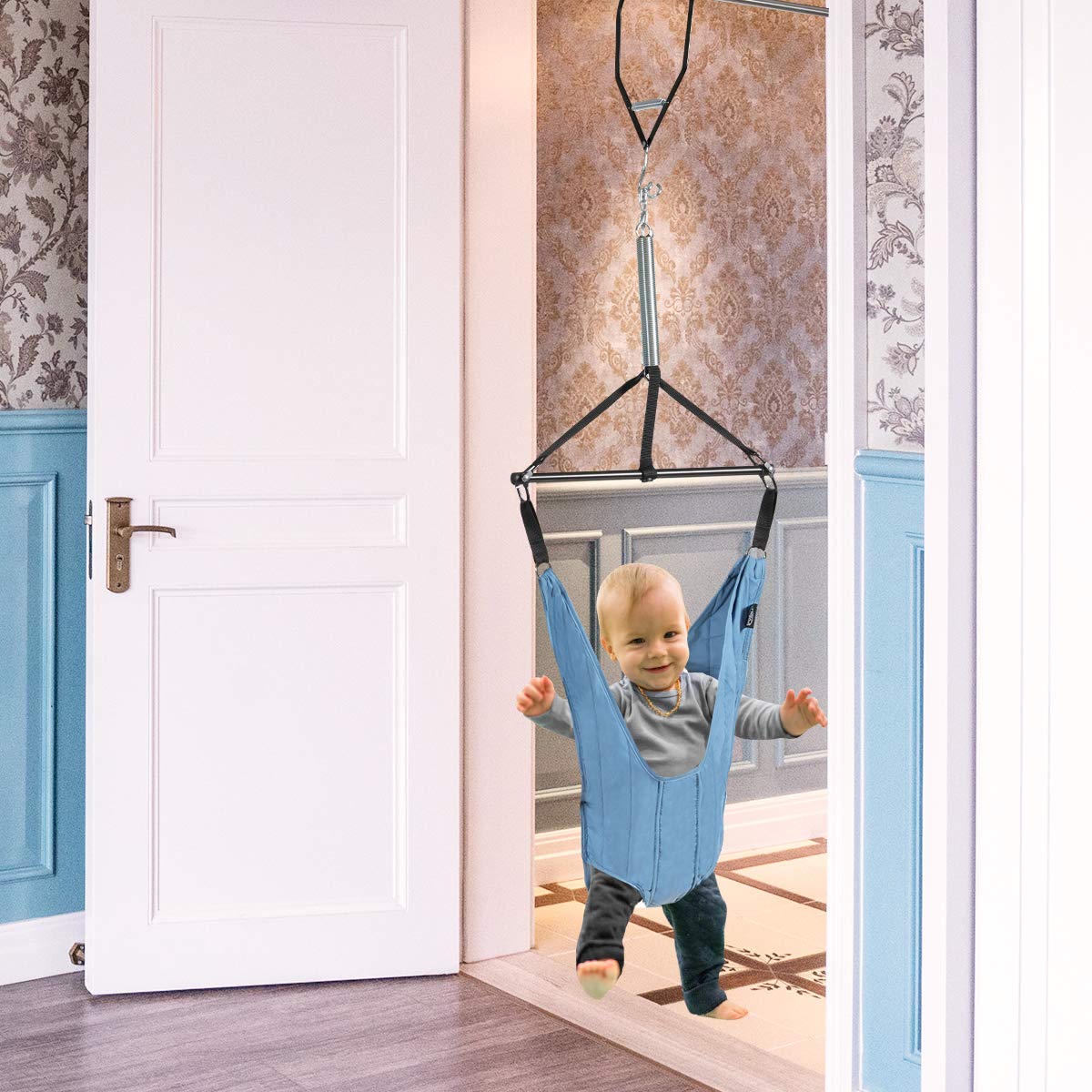 COSTWAY Siège Sauteur Suspendu Bébés de 6-12Mois avec Chaîne Réglable 29-93CM, Siège en Tissu TC avec Tube en Fer Charge Max. 12KG Bleu