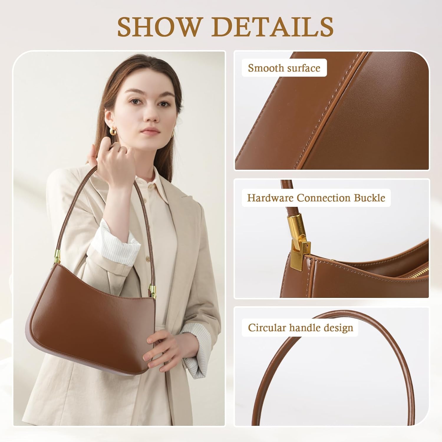 Genuine Leather Shoulder Bag, Hobo Purses for Women, Crescent Bag, Small Clutch Handbag, Cute Tote Bag with Zipper - Image 3