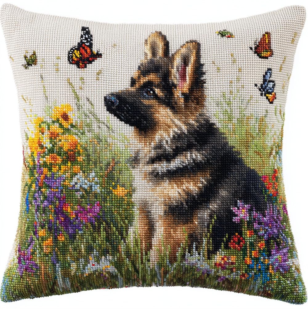 FWRTYCB Latch Hook Kits Pillow A Small German Shepherd in A Sea of Flowers