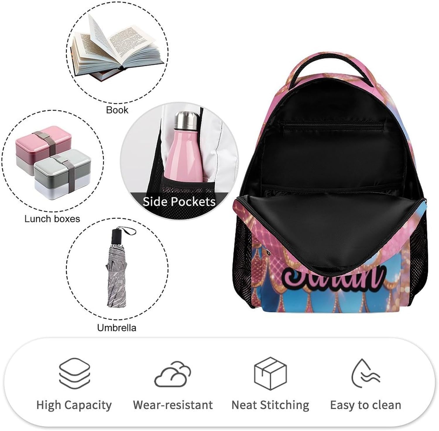 Custom Pink Fish Scale Kids' Backpack Personalized Child Daypacks Shoulder Bag for Primary Junior High University Gift