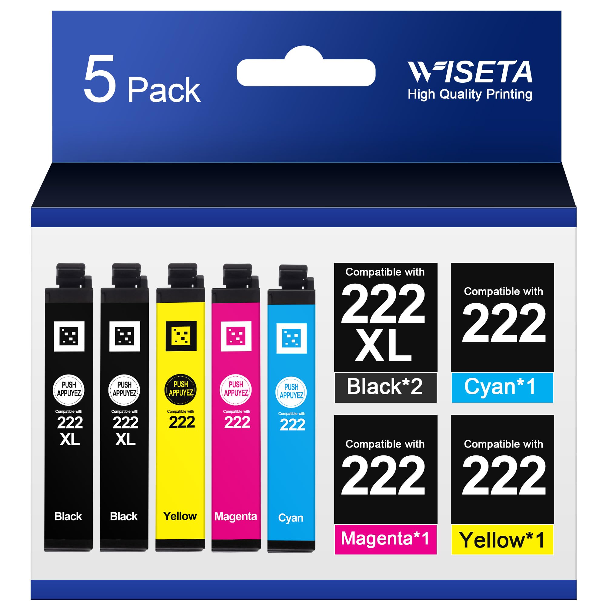 222XL Ink Cartridges Combo Pack Replacement Remanufactured for 222 Ink Cartridges Encre 222 222XL T222 T222XL Ink to Work with Expression Home xp-5200 Workforce wf-2960 Printer (5 Pack, 2B/C/M/Y)