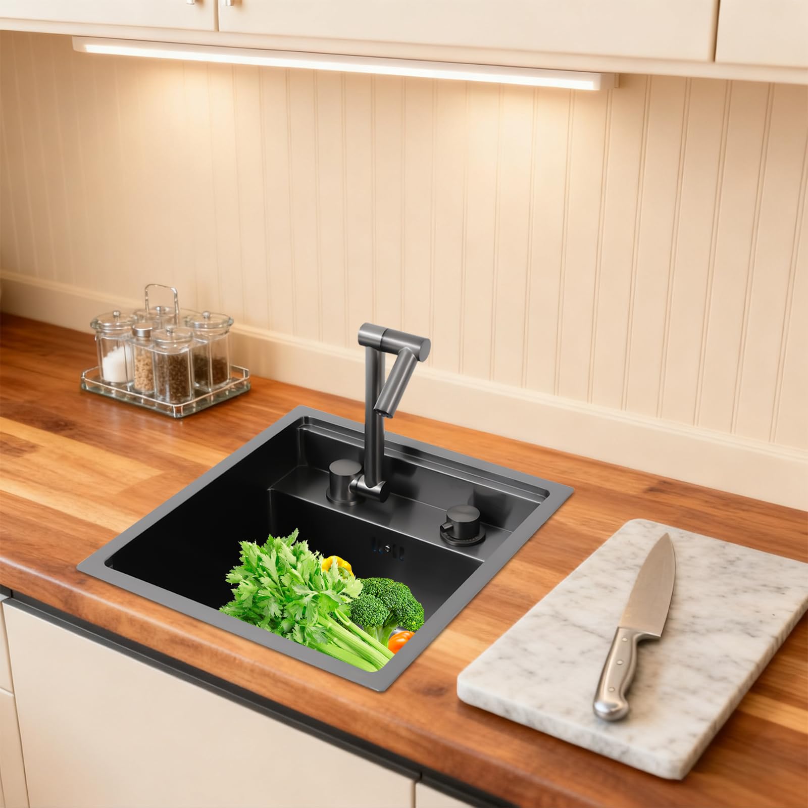 Lavabo de Cocina en Acero Inoxidable 304 con Nanocubrimiento, Fregadero de Encimera con Tapa y Grifo Cerámico, Bajo y Filtro Antiatascos para Cocinas, Bares y Cafeterías, 43x39x23 cm, Negro