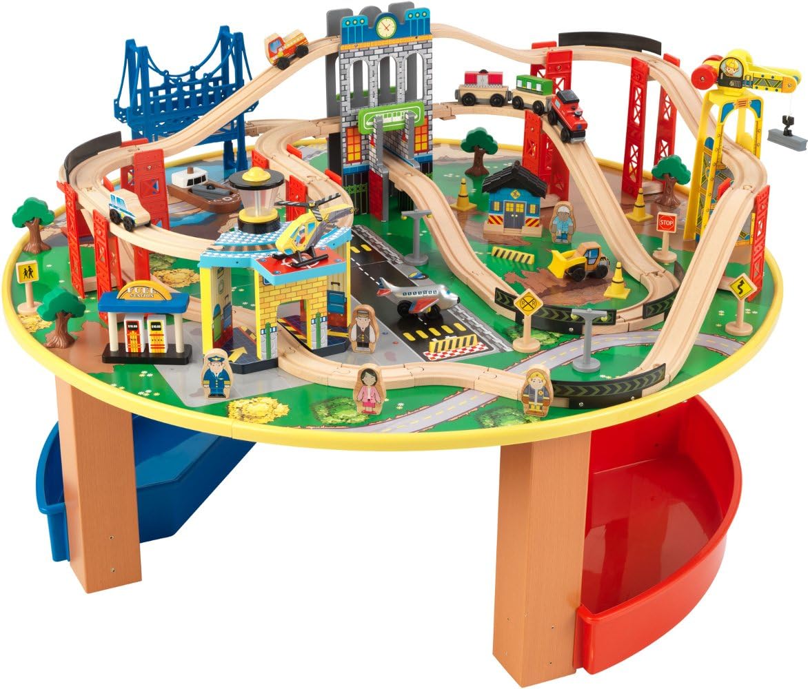 KidKraft 17985 City Explorer's Wooden Train Track Set & Table for kids, classic railway activity playset with accessories included (80+ pcs)