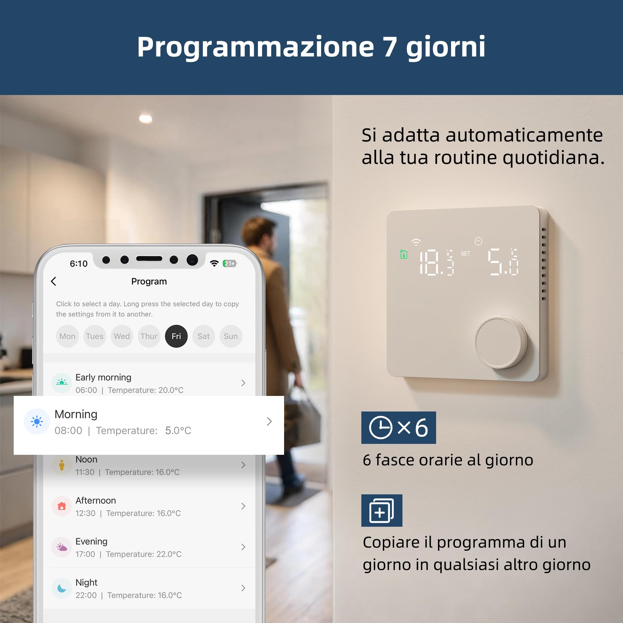Termostato Wi-Fi programmabile con contatti a secco per caldaia, 230V