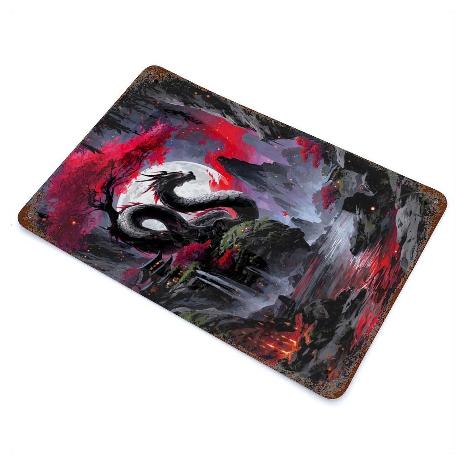 Distressed Metal Wall Sign with Dragon And Moon in Asian Landscape Design 11.8"x7.9", for Shed, Workshop And Garage Wall Decor, Decorative Metal Wall Art