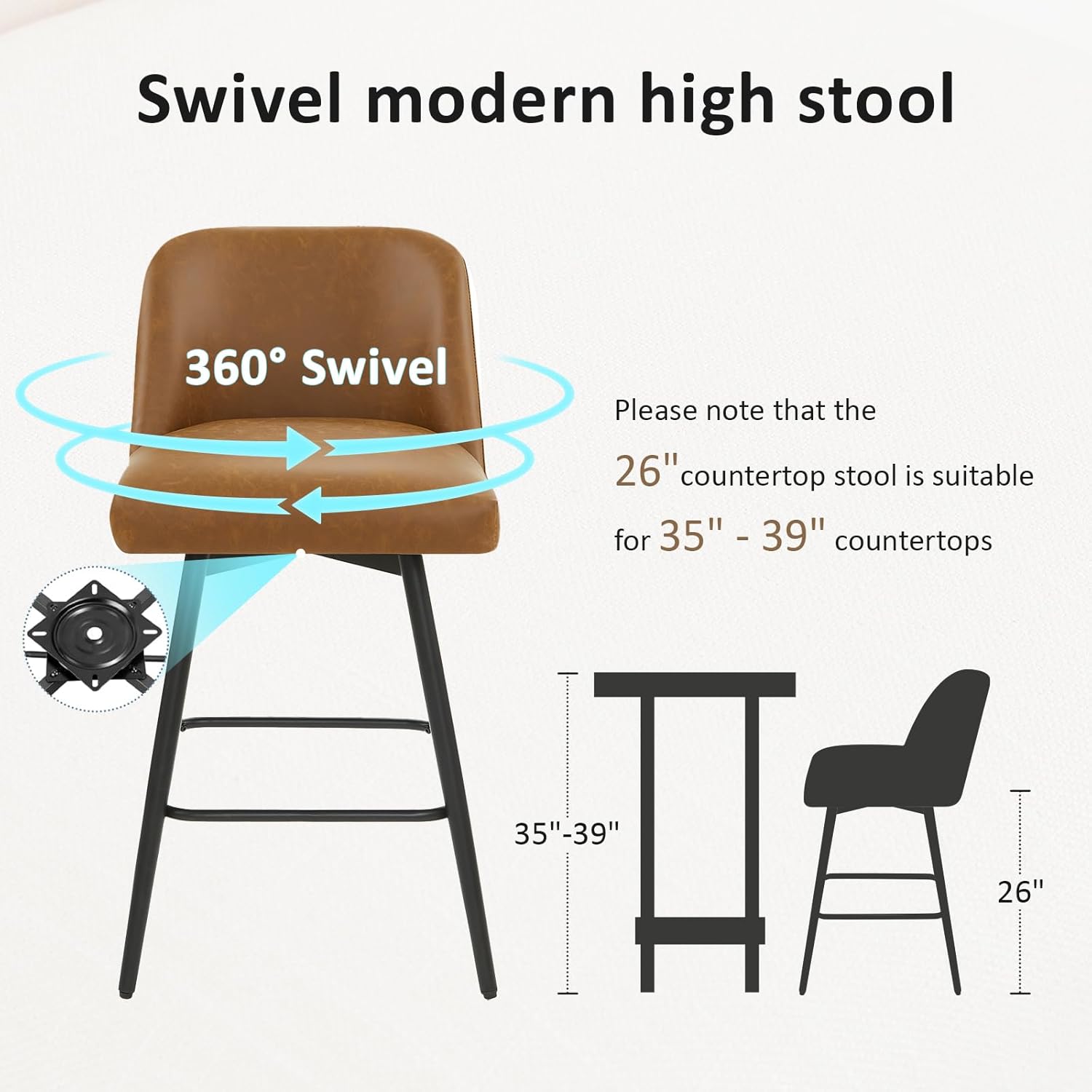 360°Swivel Counter Height Bar Stools Set of 2,Upholstered Morden Kitchen Barstools with High Backs,26" H Seat Height,Faux Leather (Faux Leather-Saddle Brown , 2 Pieces - 26" Counter Height)