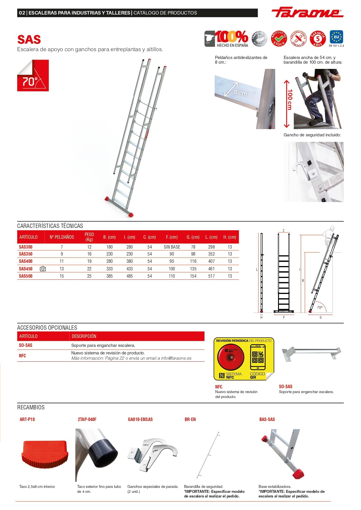 Faraone - Escalera de Apoyo 300.SAS - 7 peldaños - 300x54x20cm - Escalera de Aluminio - Peldaños Antideslizantes - Escalera Ligera - Inclinación 70º - Ideal para Entreplantas y Altillos