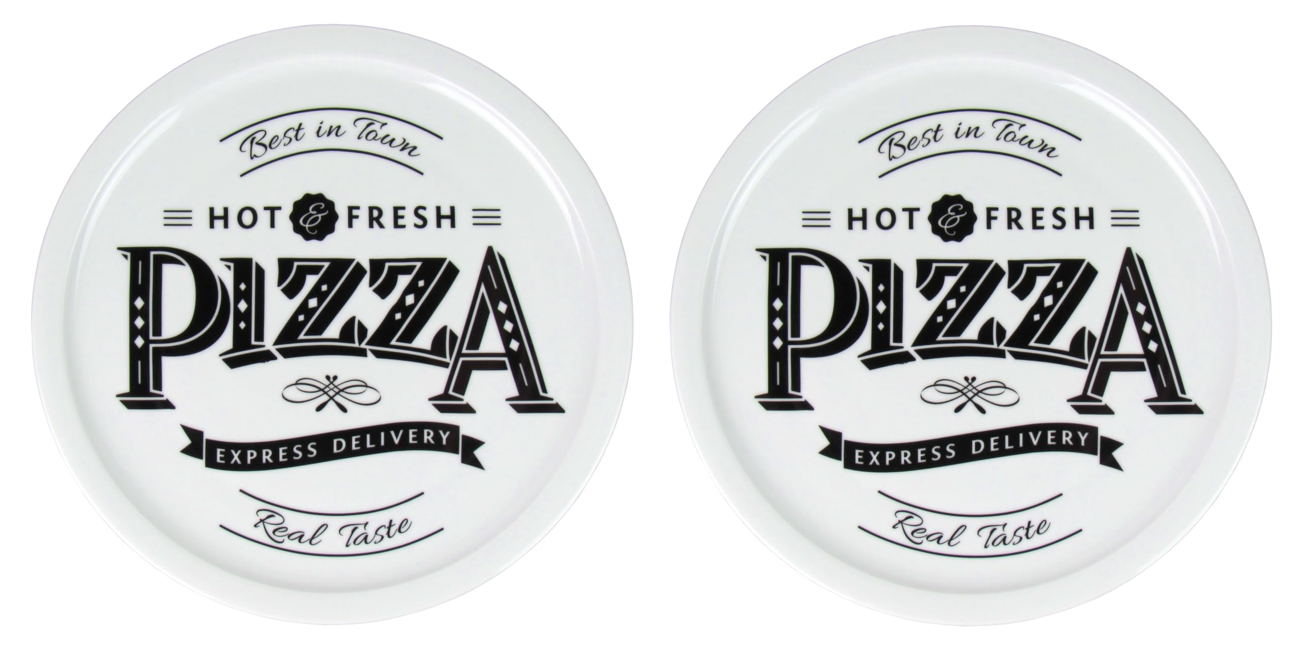 Lentz Pizzateller Ø 31cm aus Porzellan mit Retro Pizza Schriftzug - wahlweise inkl. Pizzaschneider (2er Set mit Pizzaschneider)
