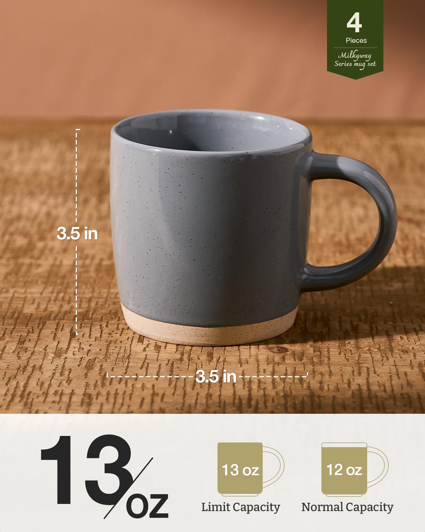 famiware Juego de tazas de café para 4 tazas de 13 onzas, taza con asa para café, té, cacao, leche, serie Milkyway, gris oscuro