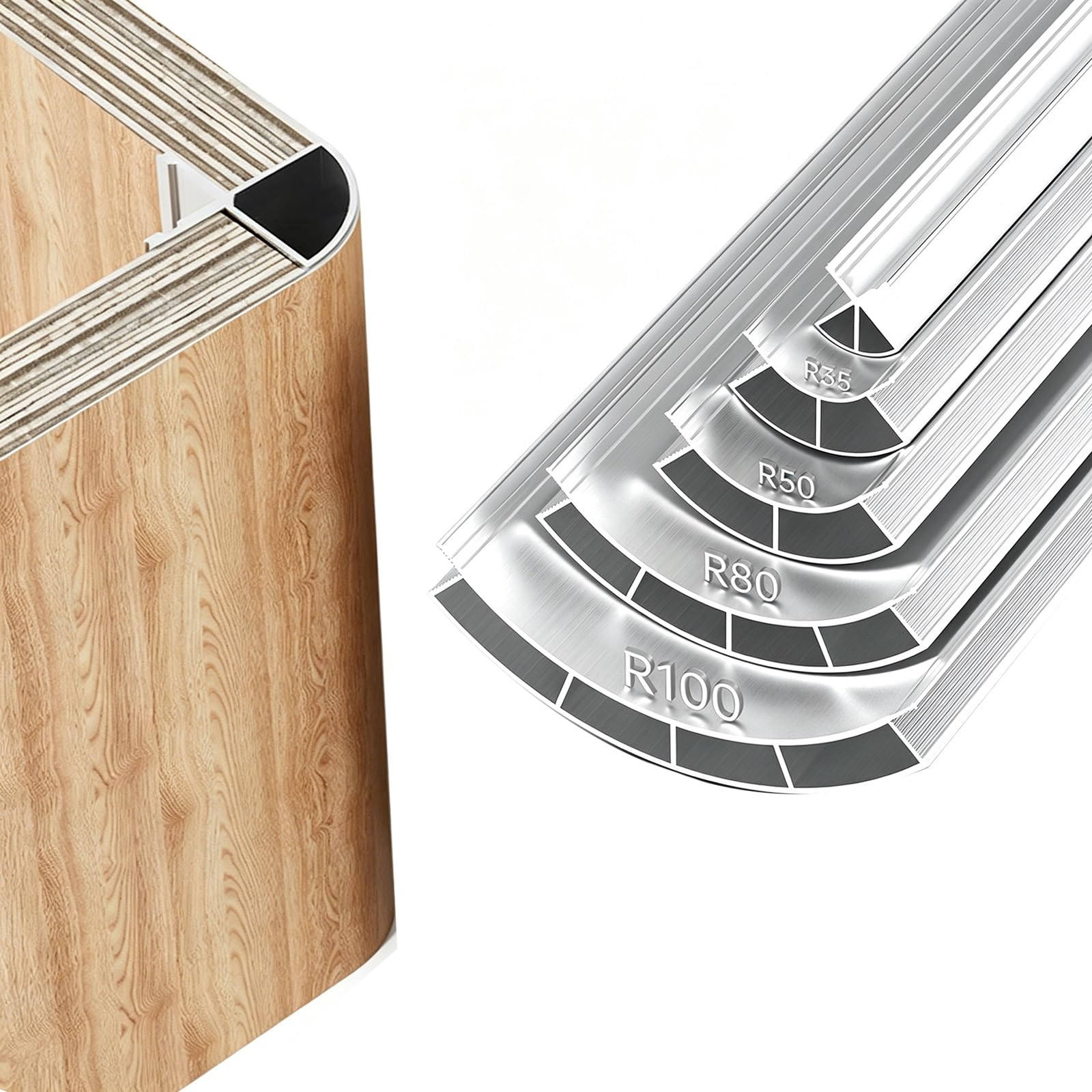 Profilo angolare curvo in alluminio R18/R35/R50/R70/R100, Strisce di rifinitura esterna rotonda antideformazione per pannelli a parete in legno(R 100mm(3-15/16"),L 160cm/63in)