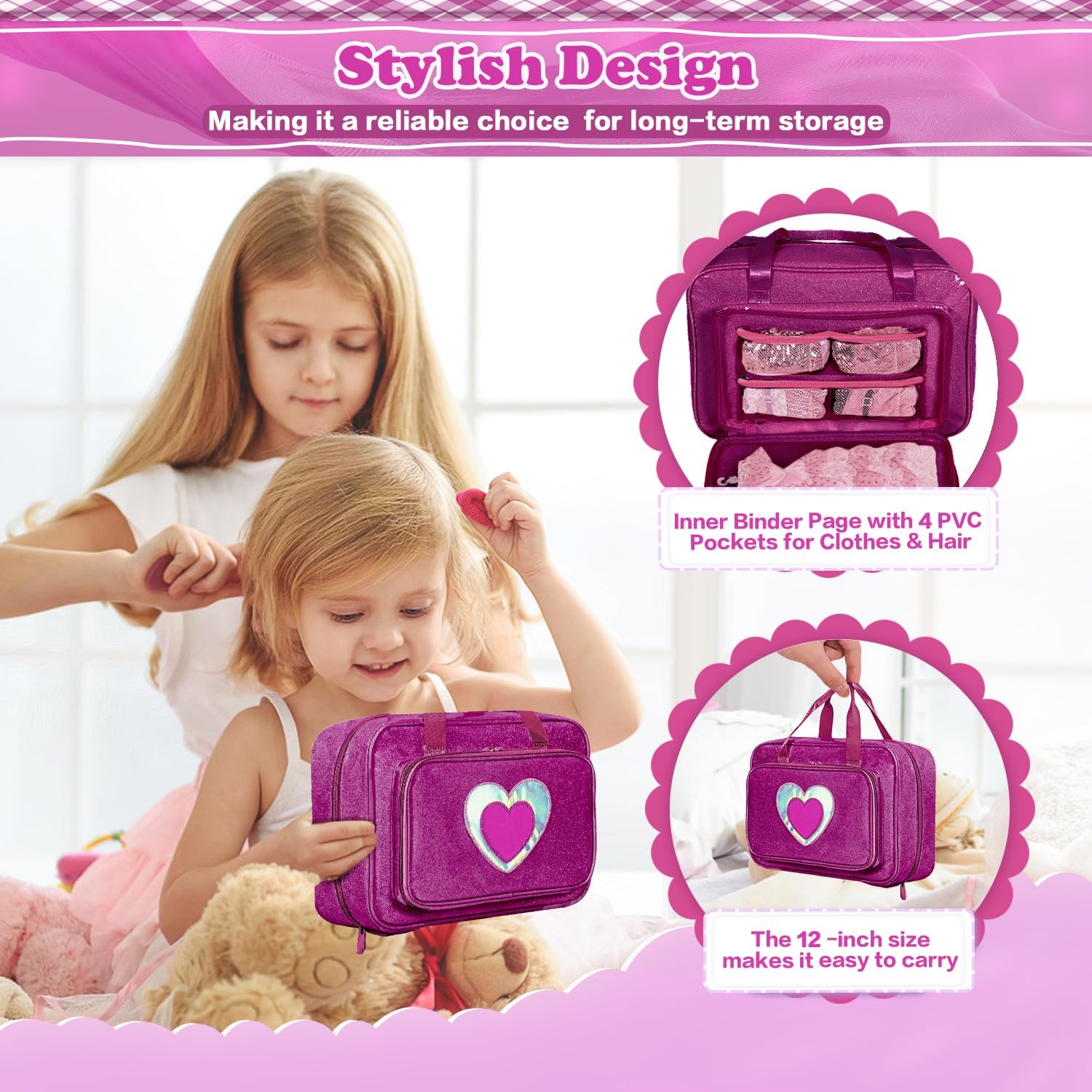 Carrying Case Compatible with Barbie Dolls 12-Inch, Storage Organizer with Handle Holds up to 6 Dolls,Multiple Pockets for Accessories,Storage Box, lavender,Bag Only (magenta)
