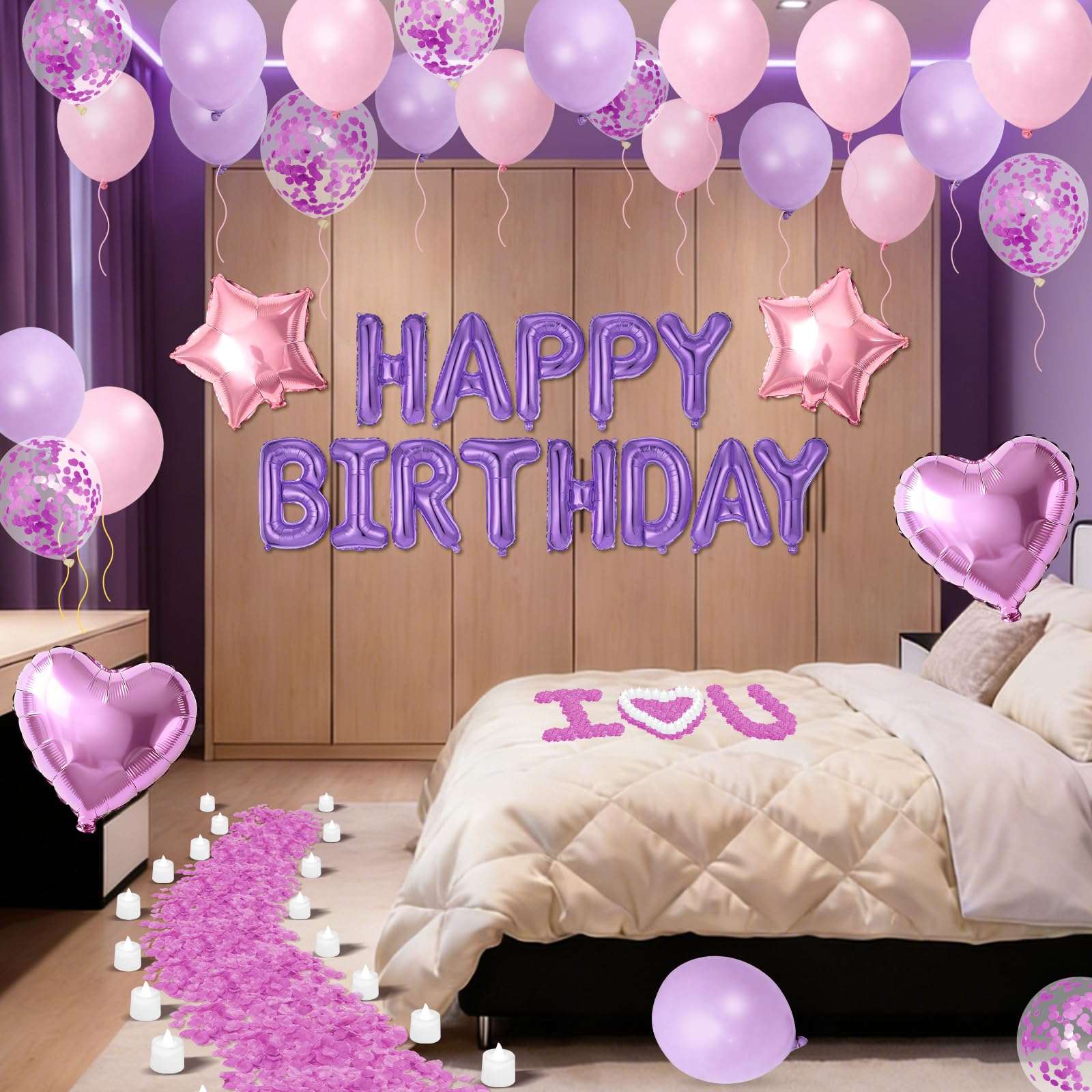 Globos de cumpleaños morados y rosados, decoración de globos de cumpleaños rosa y morado, pancarta con globo de estrella y corazón, 1000 pétalos de rosa artificiales, 24 velas LED sin llama para