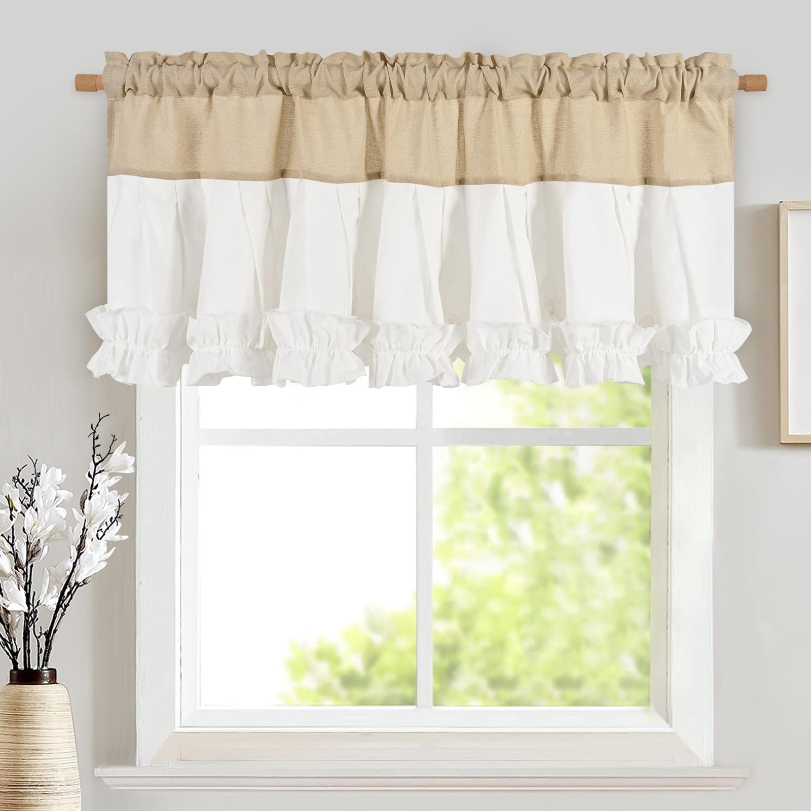 Photo 1 of Likiyol Linen Valances for Windows Farmhouse Ruffle Valance Rustic Country Window Valances Light Filtering Kitchen Curtains Rod Pocket Valance Curtains for Bathroom Cafe, Linen White, 52" W X 18" L