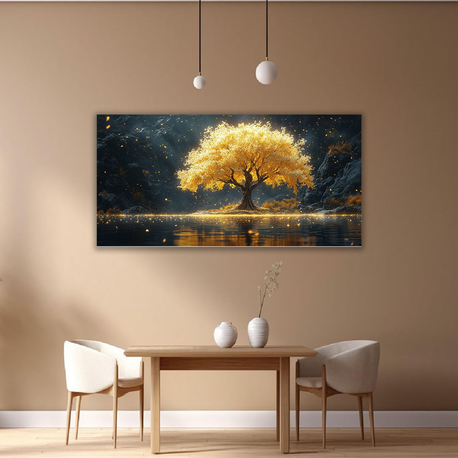TERUEA Cuadros Decorativos Modernos Floral Brillante Árbol Dorado Brillante Acantilado Oscuro Agua Cuadros Decoracion Salon yoga femenino flor salud Lienzos decorativos（Gold-50x100cm1 Sin marco