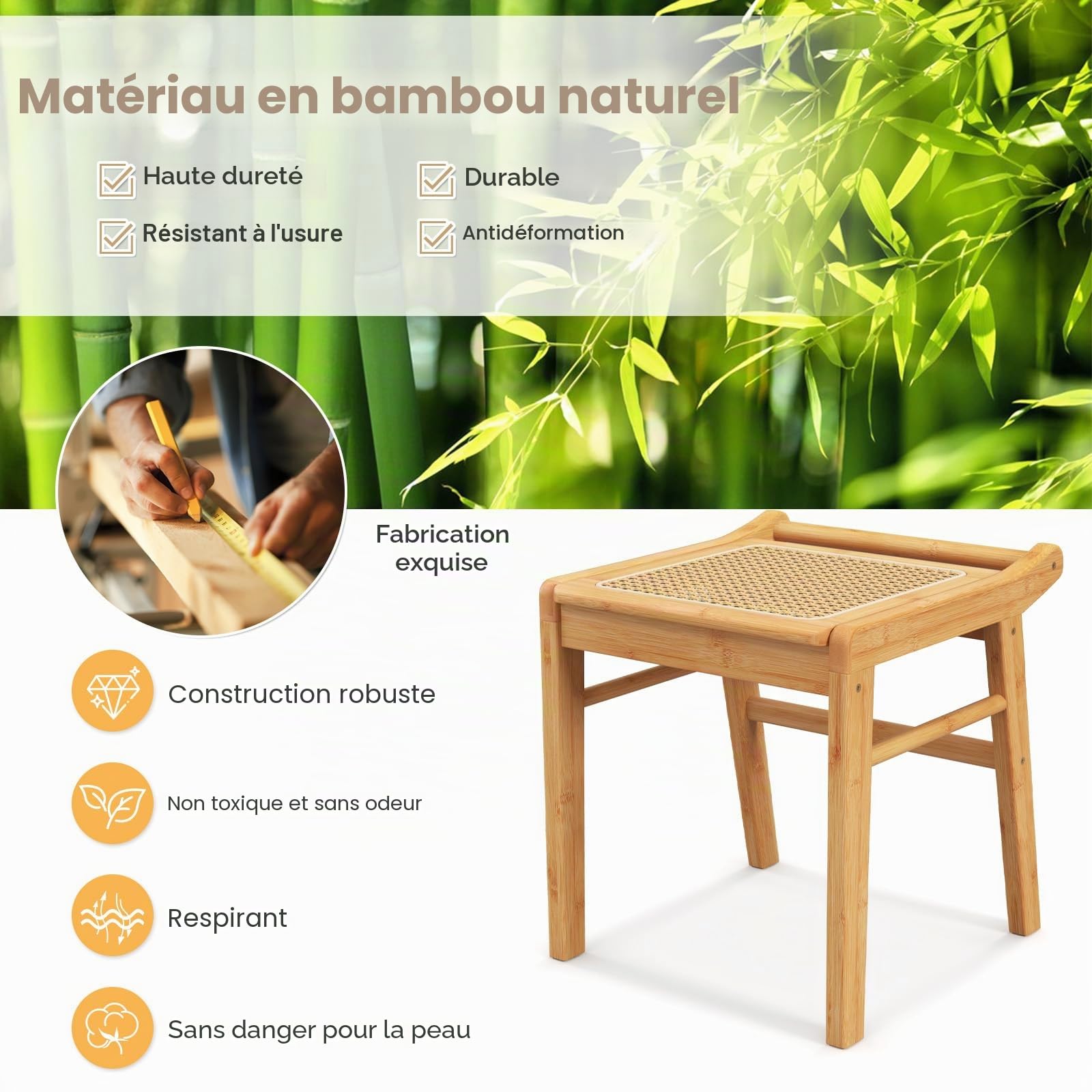 HOMASIS Tabouret de toilette de maquillage en bambou, banquette assise en bambou et rotin capacité de charge jusqu'à 120 kg, petite chaise cosmétique coiffeuse, salon, chambre à TF11088XKES