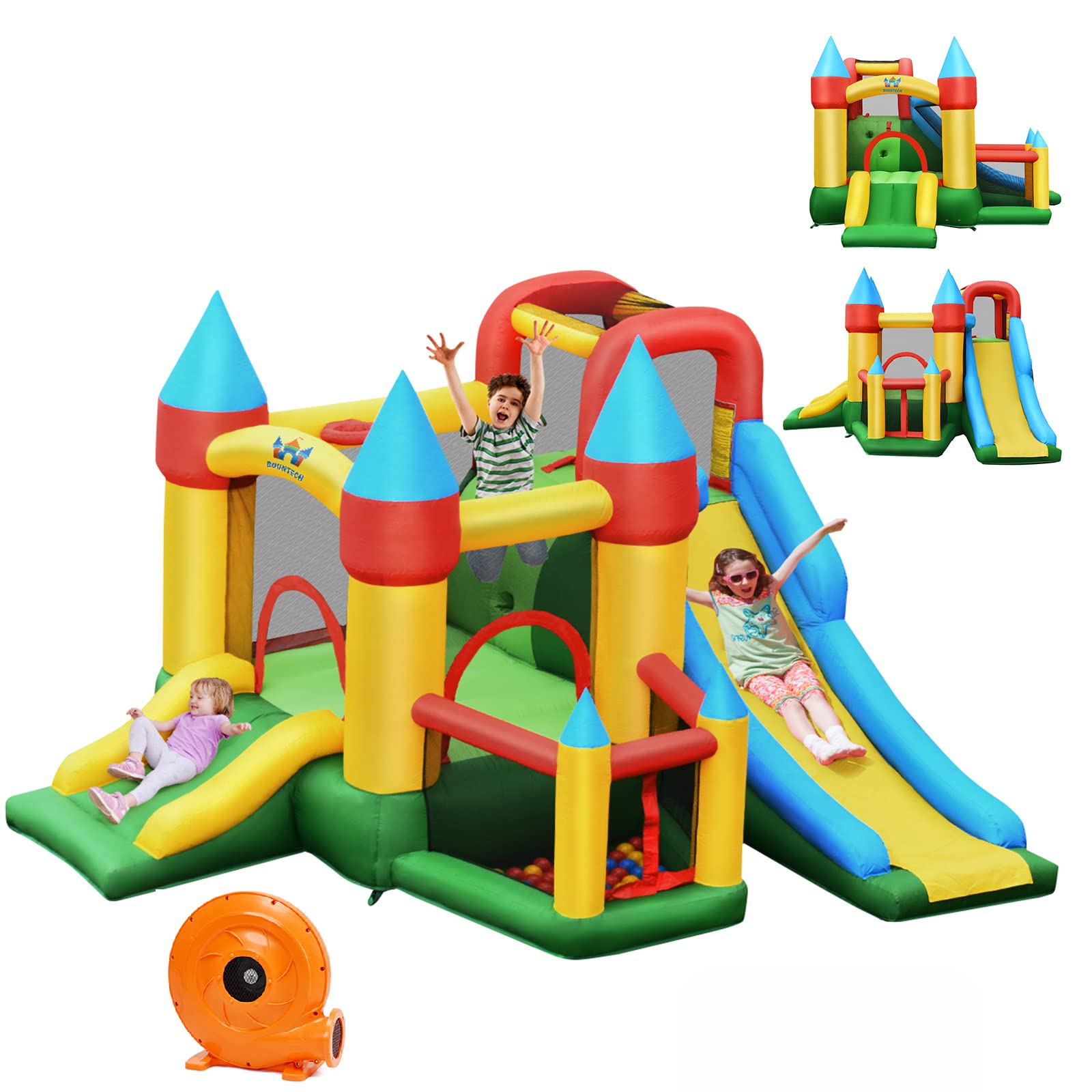 COSTWAY Château Gonflable avec 2 Toboggans et Souffleur, Aire de Jeux Gonflable avec Maison de Saut et Piscine à Balles, Panier de Basket, 60 Balles, Charge 135kg pour Enfant de 3-10 Ans