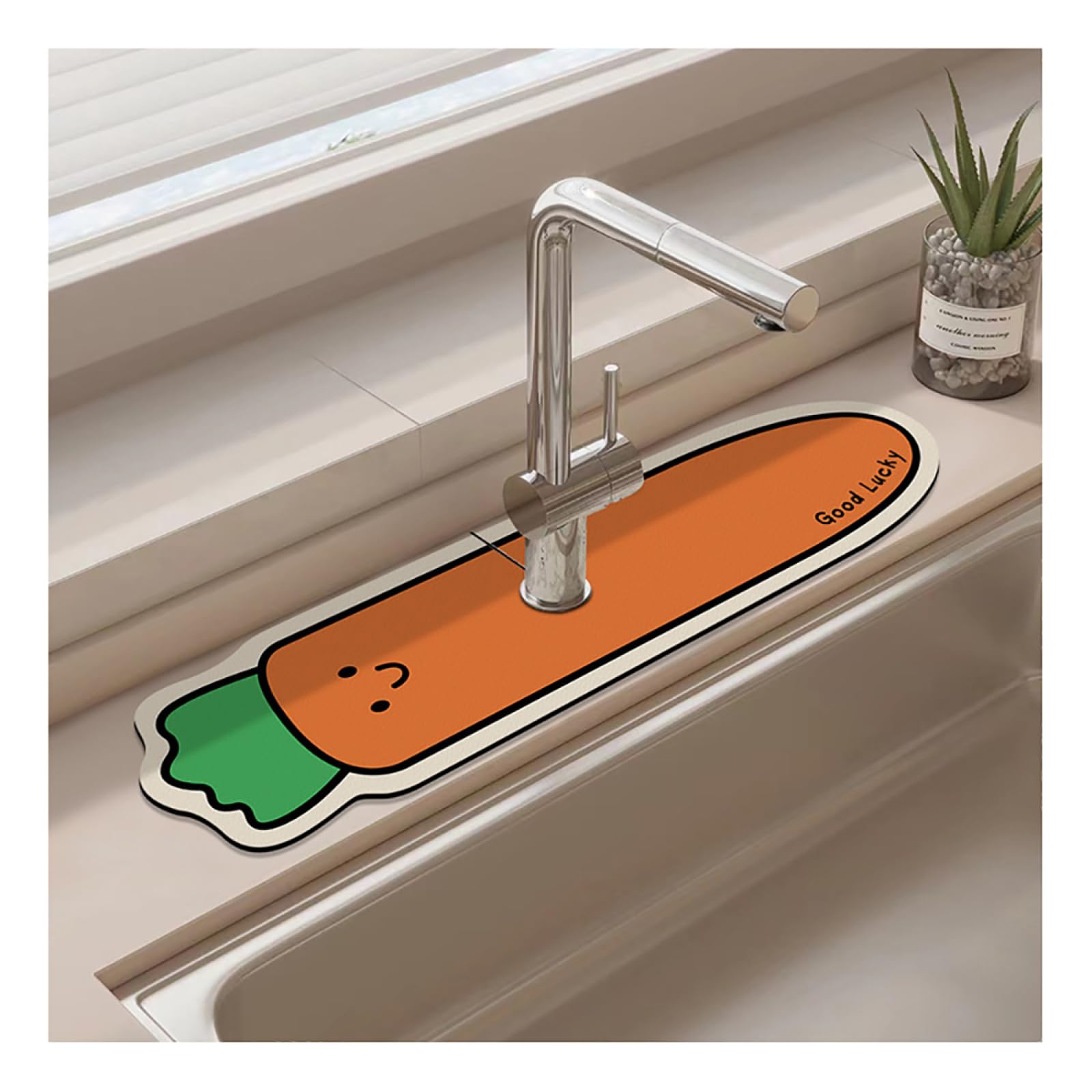 Faucet Absorbent Mat for Kitchen Sink|Creative Cute Cartoon Pattern Faucet Drip Catcher Fast Drying Mat|Splash Guard for Sink Faucet,Carrot,10x60cm(3.9x23.6in)-Hole Diameter 5cm(1.9in)