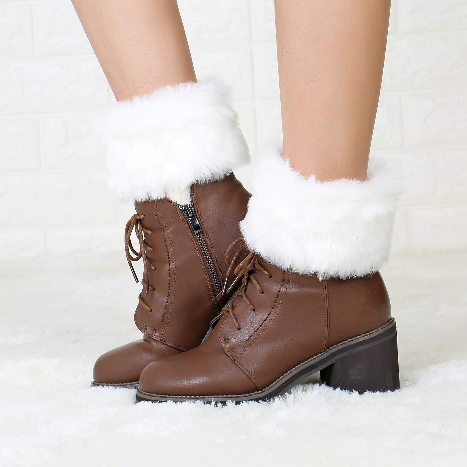2 Pairs Women Faux Fur Trim Boot Cuff Socks Winter Knitted Furry Top Cover Leg Warmers