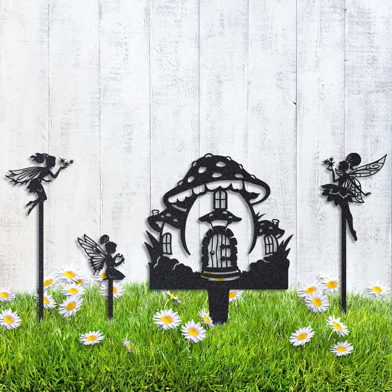 RealSteel Fairy Garden Starter Set - 4 Metal Fairy Garden Stakes with Fairies & Mushroom House - Outdoor Yard Art Decor (Black)