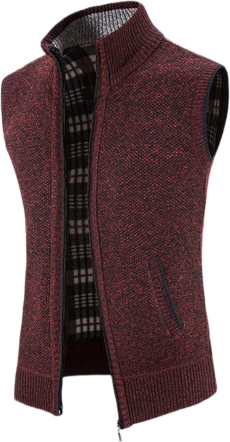 Men's Full Zip Sleeveless Knitted Vest Stand Collar with Ribbed Hem