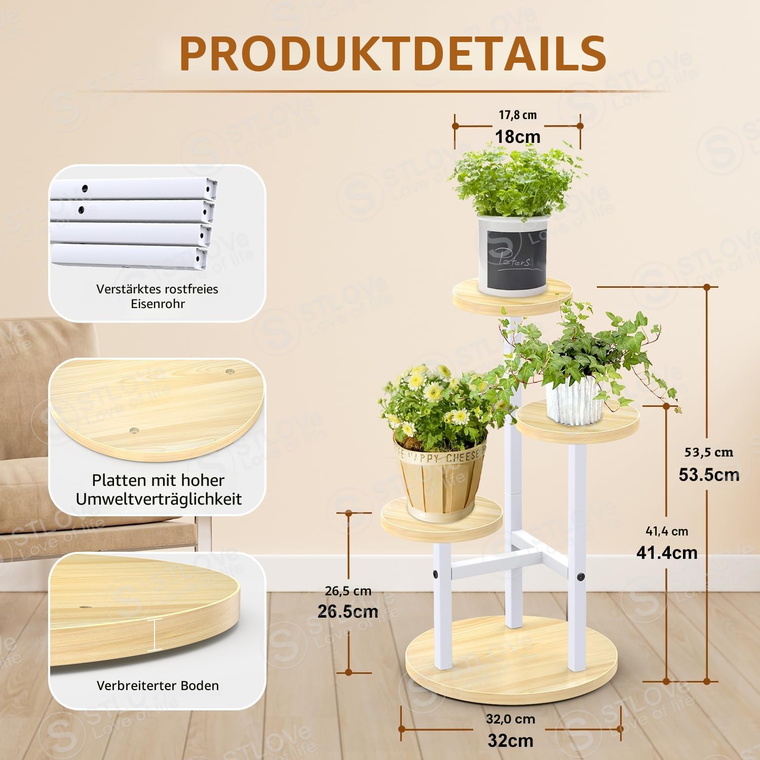 STLOVe Pflanzenregal, Blumenständer, 3 Etagen Blumenregal, Pflanzenständer, Blumentreppe für Zimmerecke Wohnzimmer Balkon Terrasse Fenster Garten Hof, 53.5cm Höhe - Metall Weiß