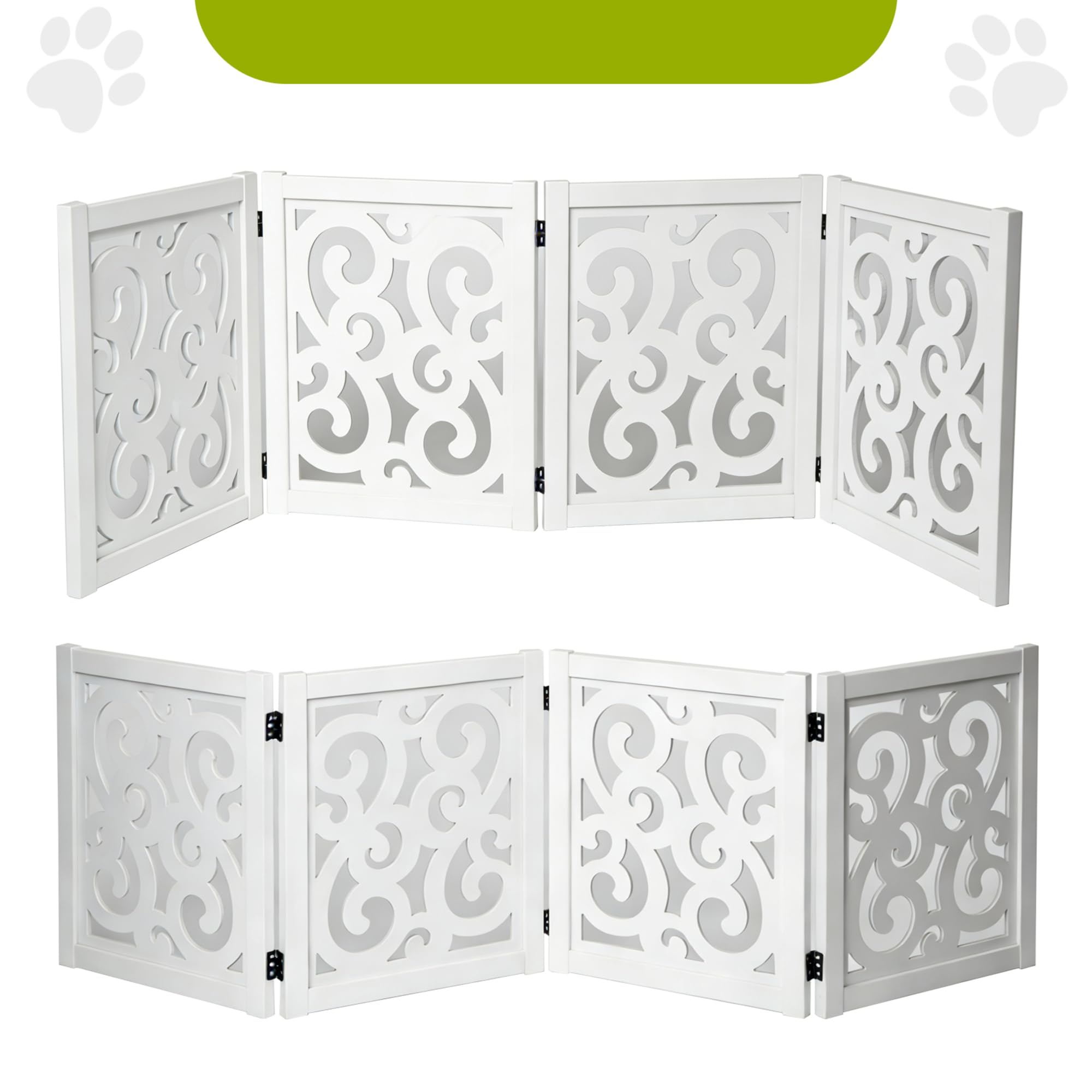 Ashfield & Harkness: 4-Panel Pet Gate - Scroll White - Wooden Foldable Freestanding Dog Fence, 80 x 23.5, Doorways-Halls-Stairs, 360 Rotated Hinges - 3