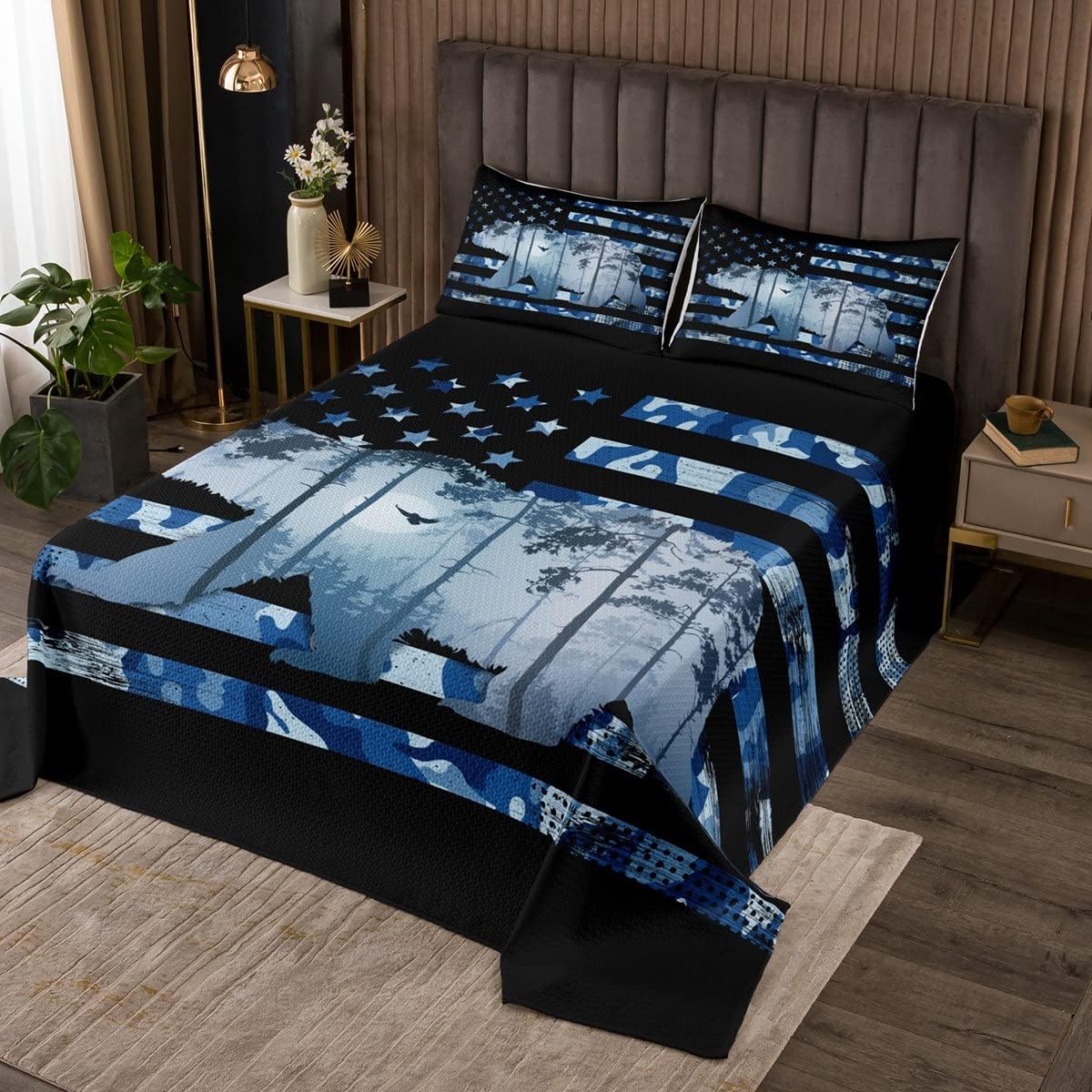 American Flag Bedspread Navy Blue Camo Bedding Set King Size Kids Boys Men Youth