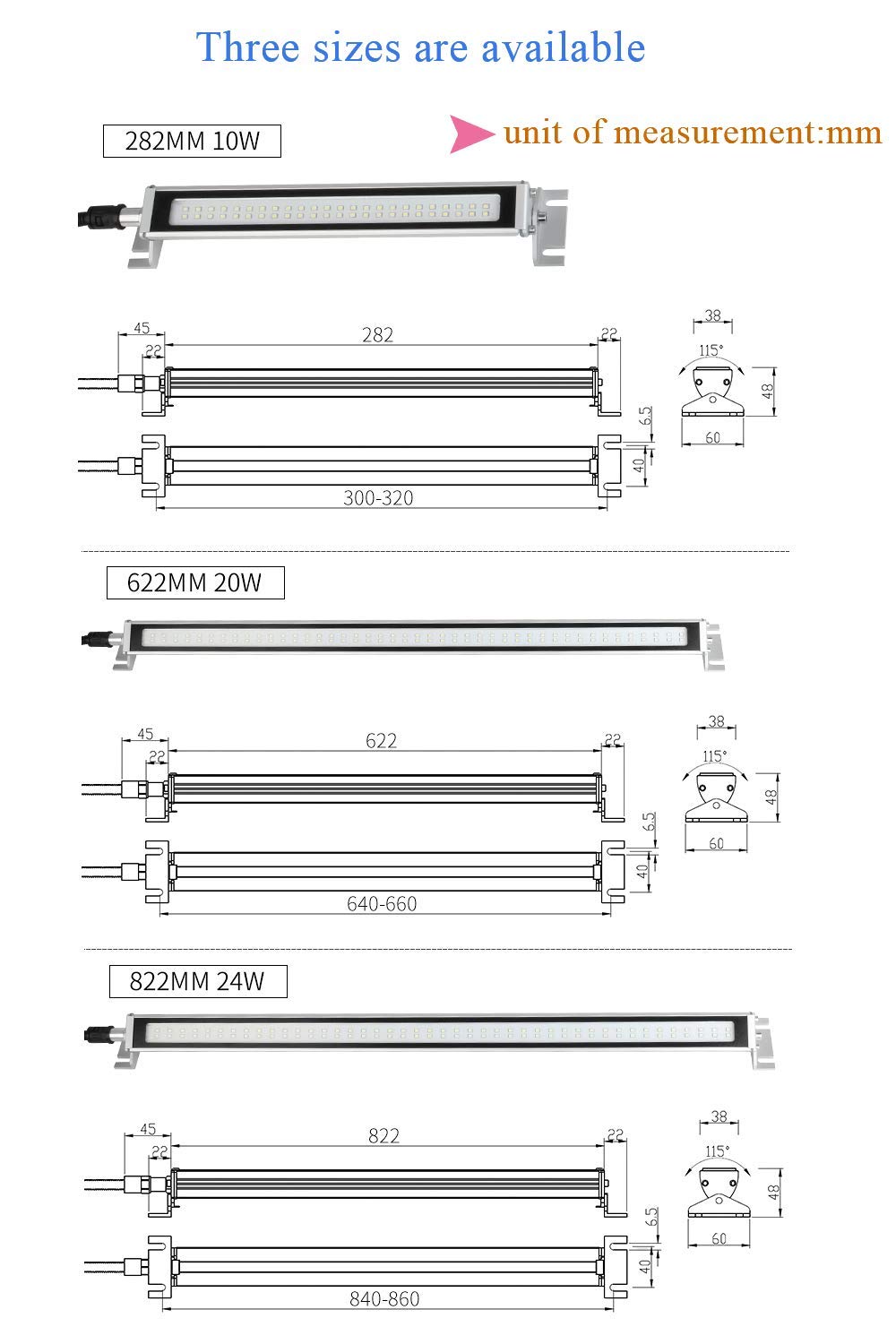 YJINGRUI Luce da lavoro industriale Illuminazione 115° e pieghevole Illuminazione impermeabile per officina (110~220V, 622mm 20W)