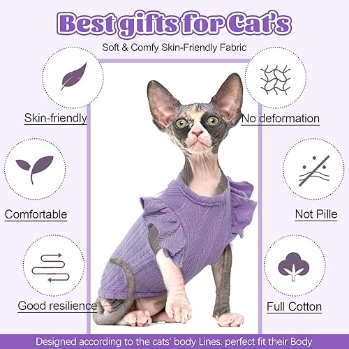 Miniatura 4 de DENTRUN Sphynx - Camisa de gatos sin pelo, ropa de gatito con mangas con volantes, transpirable, pijama para gatos, Púrpura