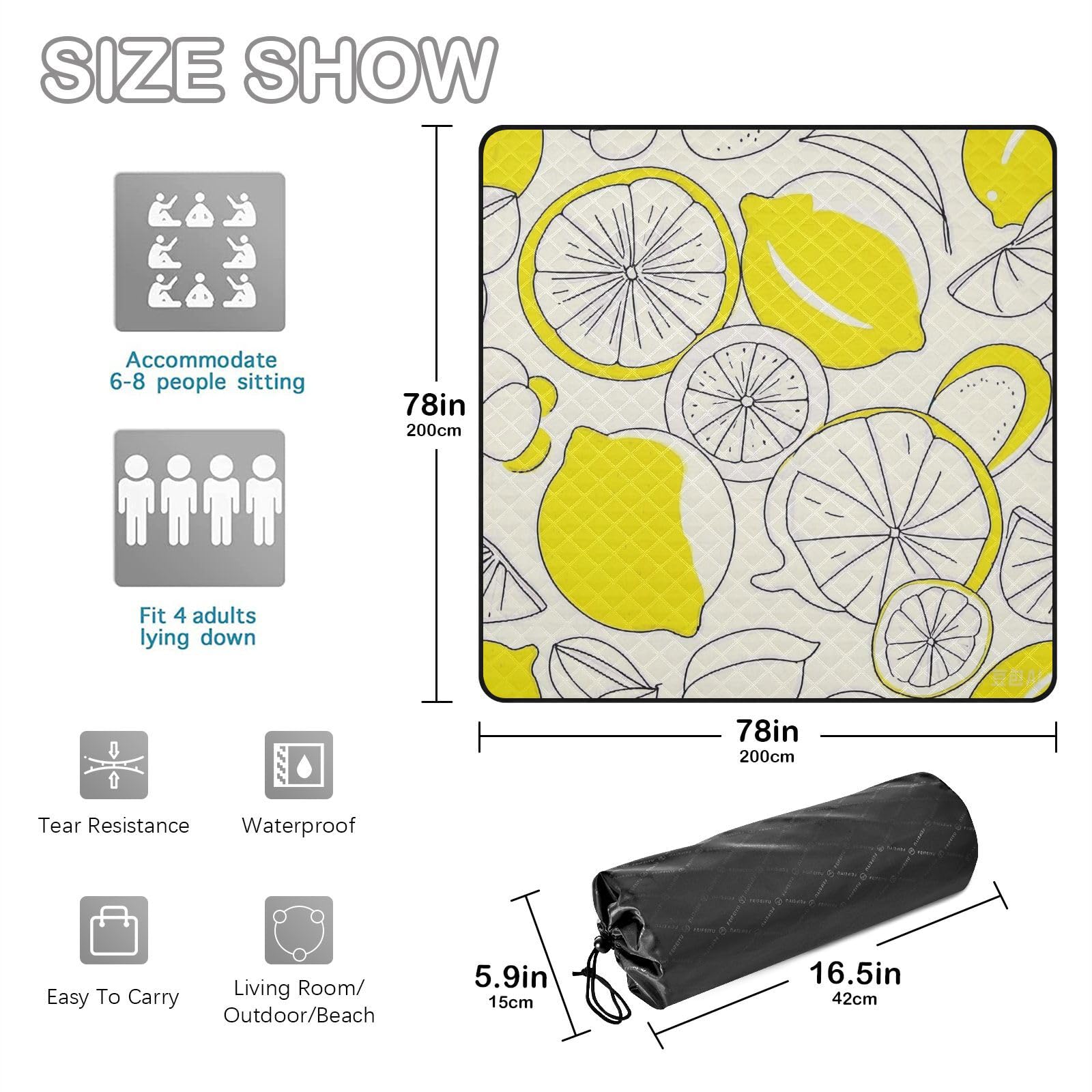 Sketch - Manta impermeable para picnic de verano, color amarillo limón, para exteriores, resistente al agua, para fiestas, pícnic, para personas al aire libre, concierto, manta para día de