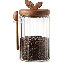 Glass Coffee Canister with Wooden Lid & Spoon, Airtight Food Storage Jar Ground Coffee Bean Storage Containers for Coffee, Sugar, Salt, Tea & Snacks 800ML