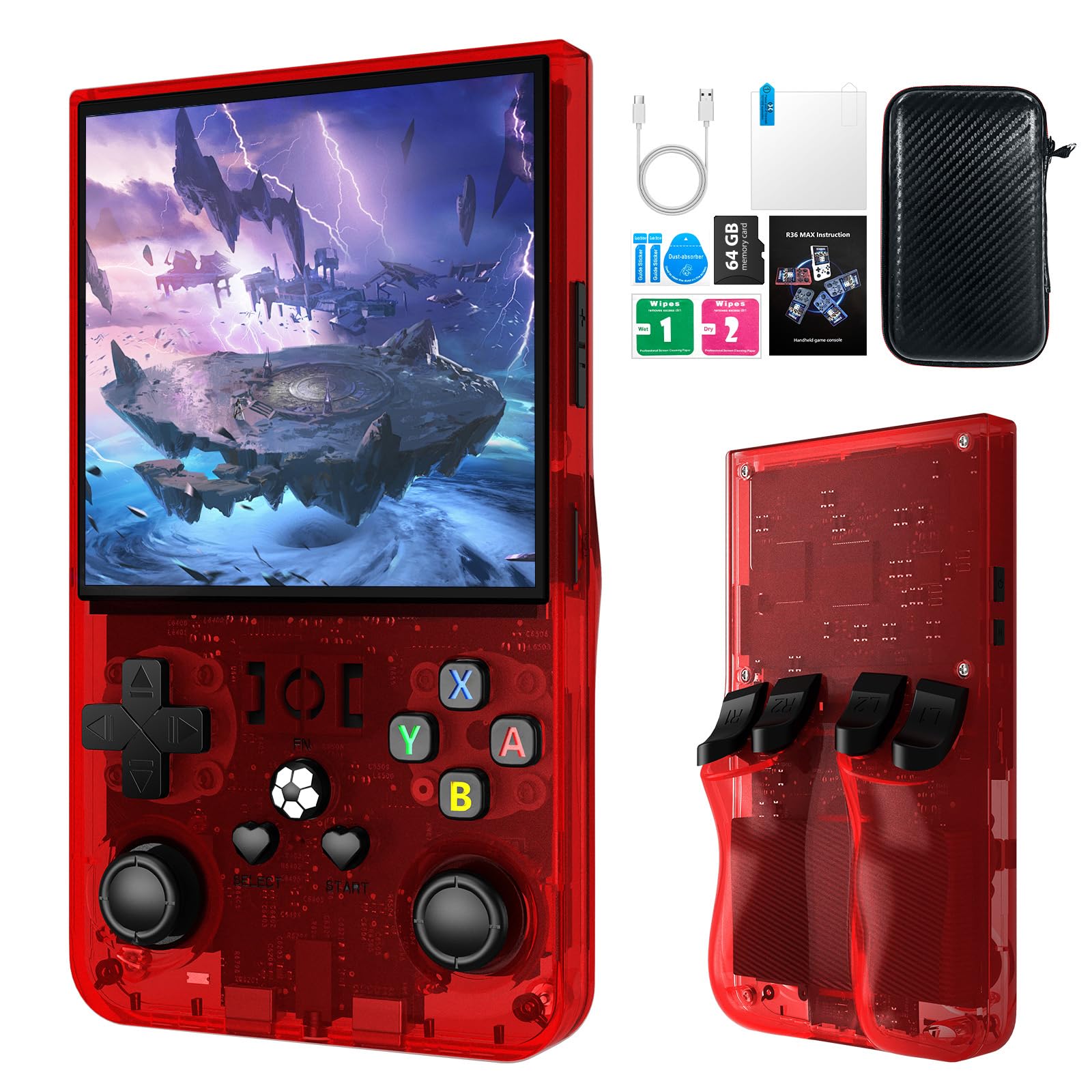 2025 New R36MAX Retro Handheld Game Console, 4.0 Inch IPS Screen Retro Gaming Console,Linux System, 4000mAh Battery Portable Pocket Mini Arcade, Built-in 64G, Red