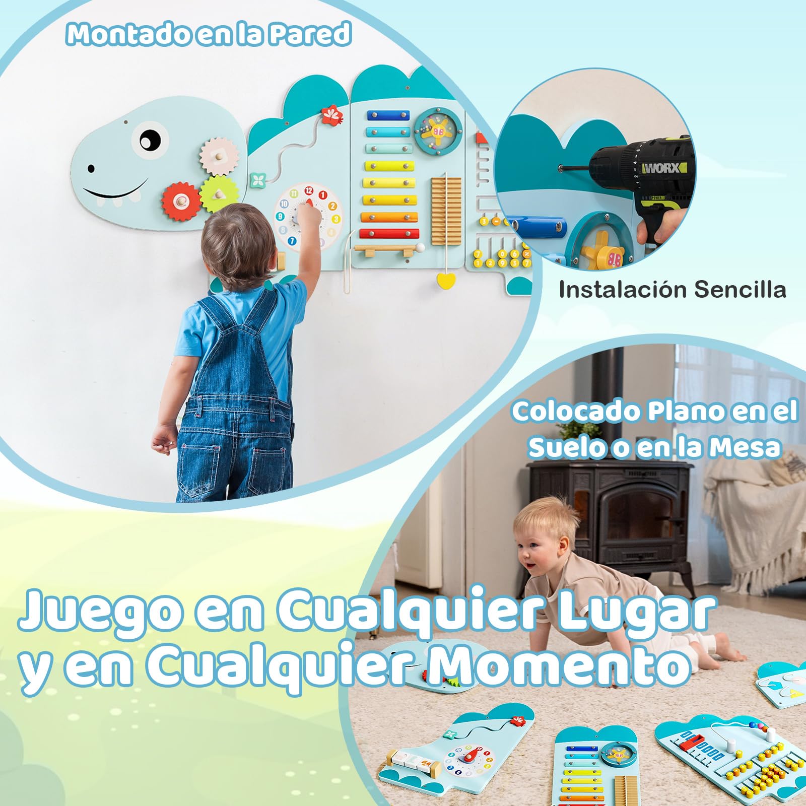 GOPLUS Paneles de Actividades para Pared de Dinosaurios, Centro de Actividades Educativas 11 en 1 para la Educación Temprana, Juguetes Sensoriales Montessori de Madera para Sala de Juegos (Azul)