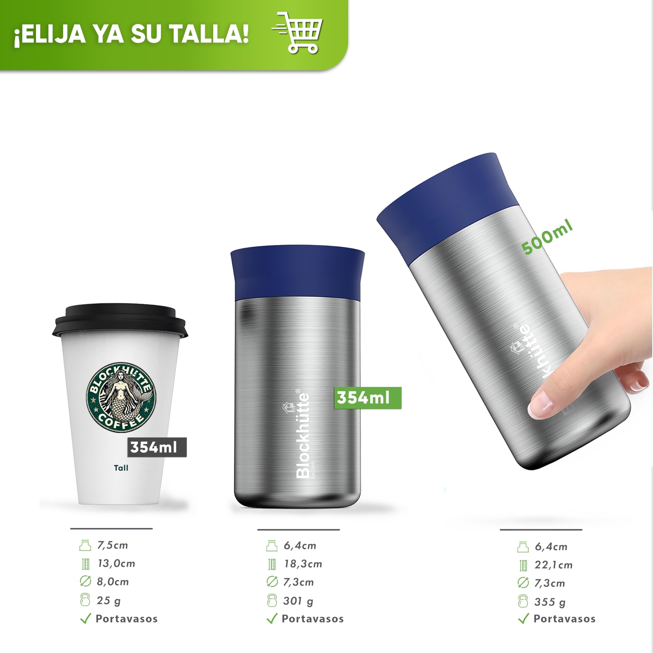 Blockhütte Taza Térmica de Acero Inoxidable de 354 ml - Para Llevar Bebidas Calientes por 8 Horas - A Prueba de Fugas - Para Café y Té