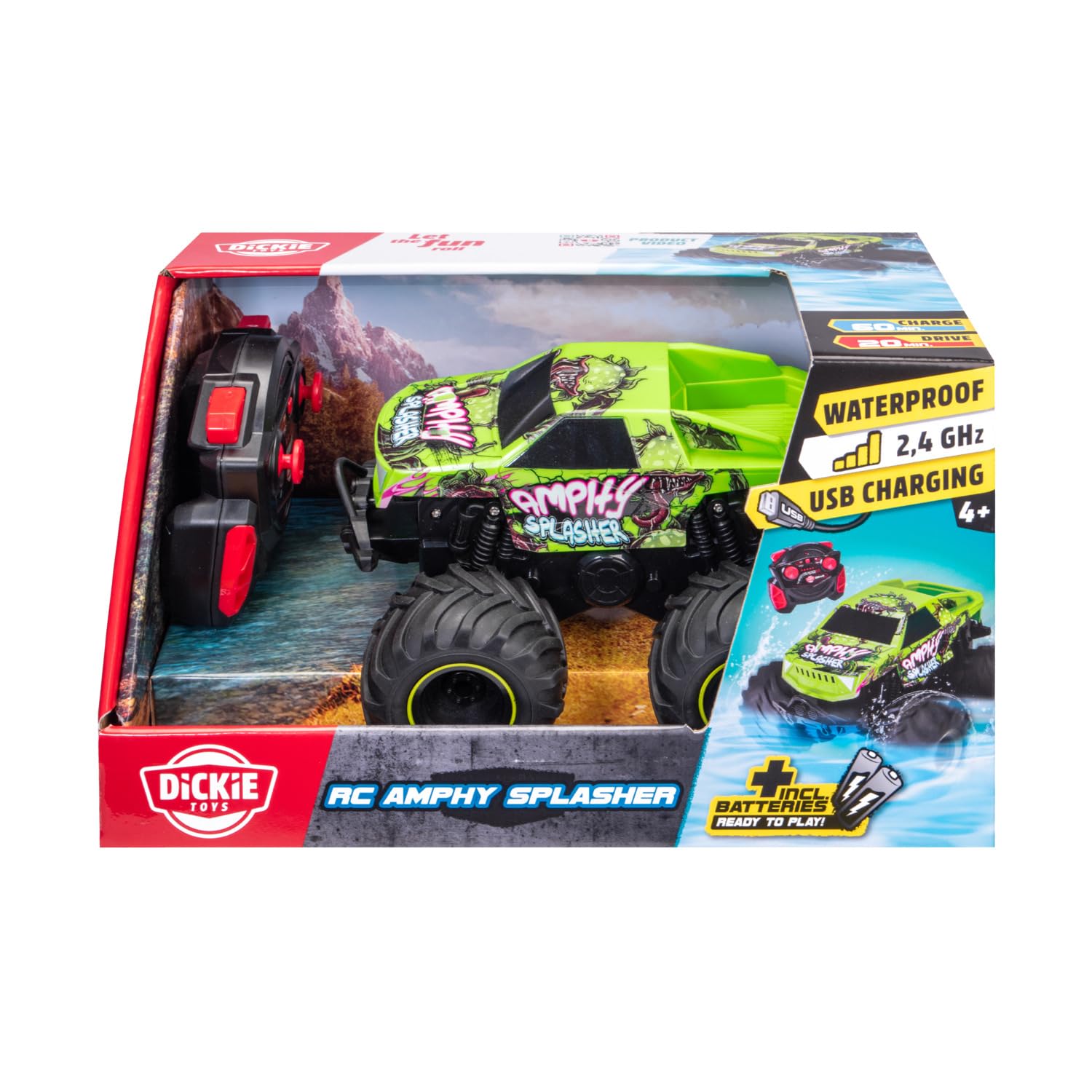 Dickie Toys – RC Amphy Splasher 18 cm, ferngesteuertes Amphibien Fahrzeug für Kinder ab 6 Jahren, 4x4 Antrieb, 360° Drehung, schwimmt im Wasser, mit Controller Akku USB Kabel, grün