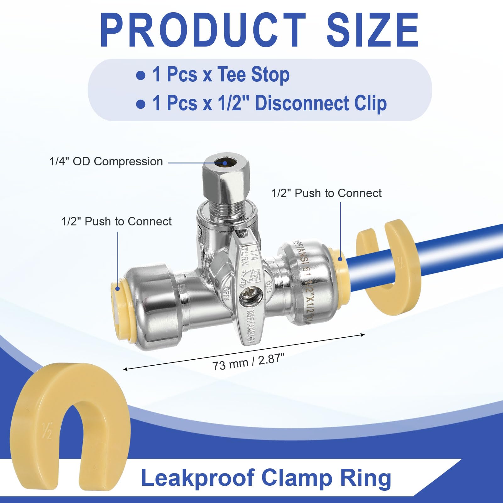 PATIKIL Tee Stop Valve 1/2" x 1/2" x 1/4" Compression Water Shut Off Valve 1/4 Turn Operation with 1/2" Disconnect Clip & Sealing Tape for Faucet Toilet Pex Copper Cpvc Pipe Brass - Image 2